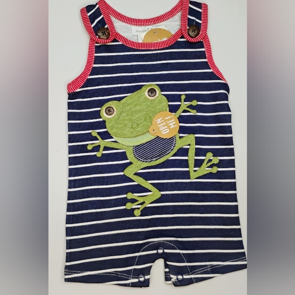 Mud Pie Infant Romper Sz 0-3 Mo. NWT Navy Blue/White Stripes Frog Applique U-3